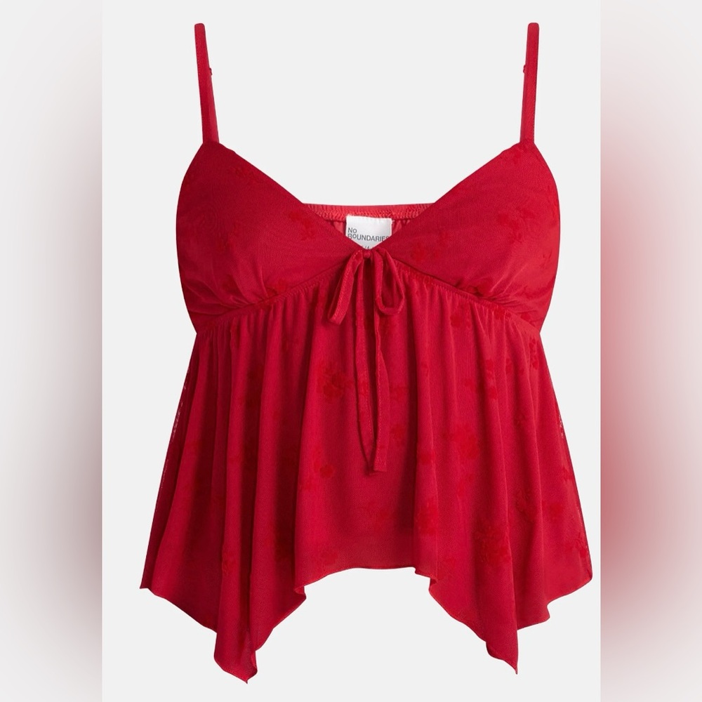 No Boundaries Red Asymmetrical Hem Cami Size Small Tie Front Mesh‎ Top NWT